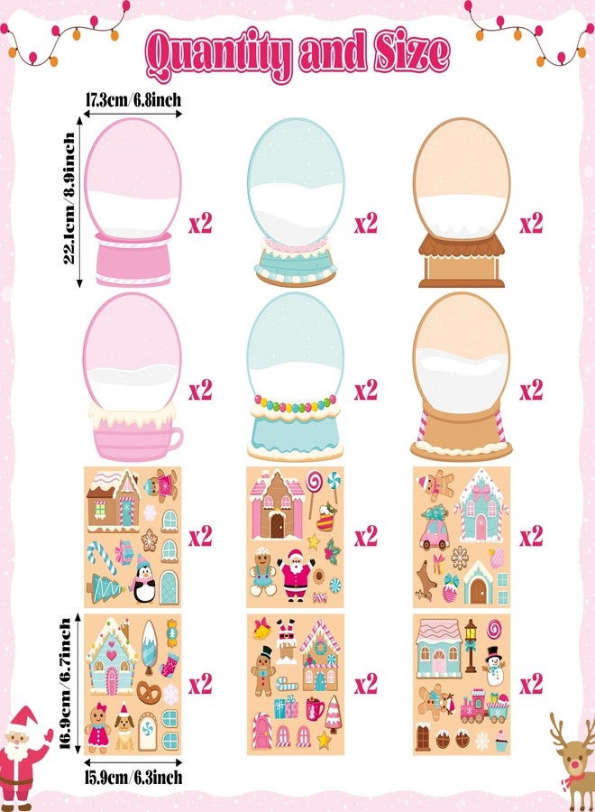 CY2SIDE Christmas Snow Globe House Stickers - 12 Set Christmas Pink Gingerbread Candy House Scene Stickers for School Reward, DIY Crystal Ball Sticker Xmas Winter Party Supplies - Image 2